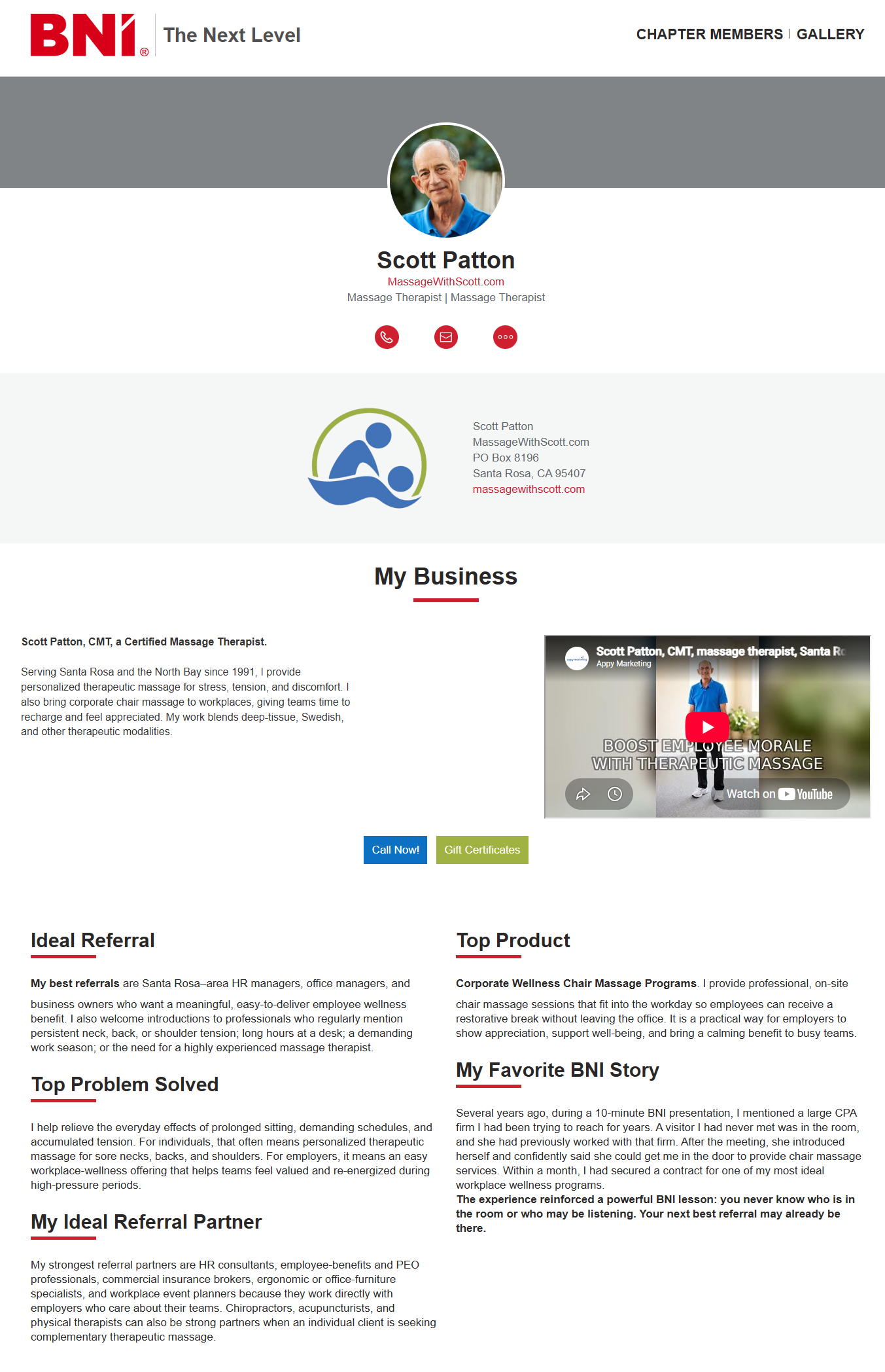 After optimization view of Scott Patton's BNI member profile with detailed referral-ready content.